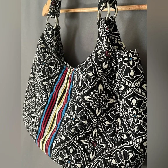 Vera Bradley Barcelona Black White Multicolor Stripe Scoop Quilted Purse - Picture 3 of 10